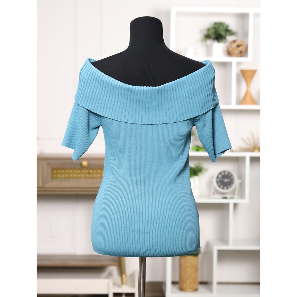 Romantic Feminine New York & Co Teal Off Shoulder Ribbed Sweater Night Out M NWT - Picture 6 of 15